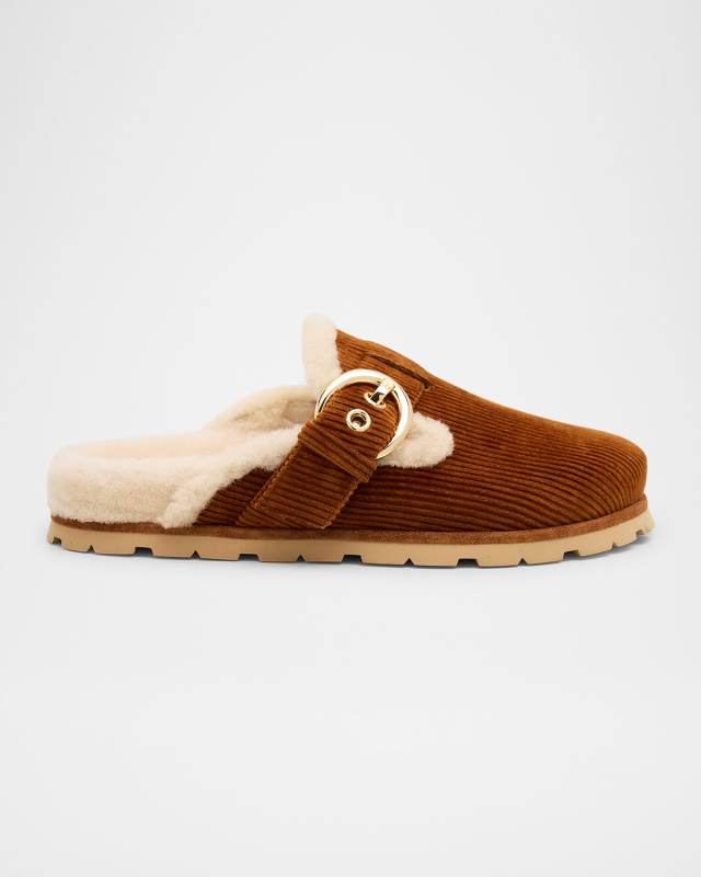 Chrystie Shearling-Lined Corduroy Mules